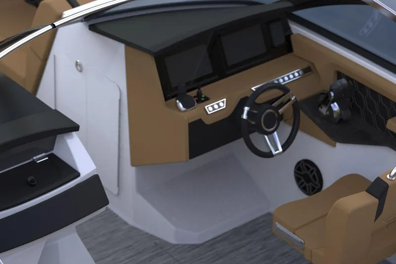 Slide: The Image of 2026 Four Winns H9 OB boat interior with modern steering and dashboard design. - 10