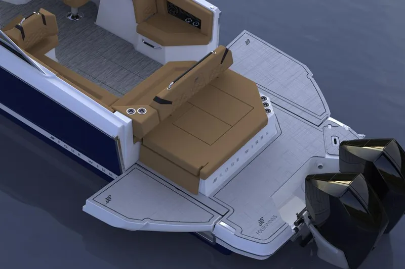 Slide: The Image of 2026 Four Winns H9 OB boat with dual outboard engines and spacious seating. - 11
