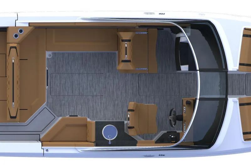 Slide: The Image of Top view of 2026 Four Winns H9 OB boat interior with brown seating and modern design. - 12