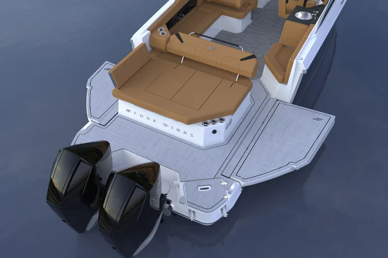 Slide: The Image of 2026 Four Winns H9 OB boat with dual outboard engines and spacious seating. - 13