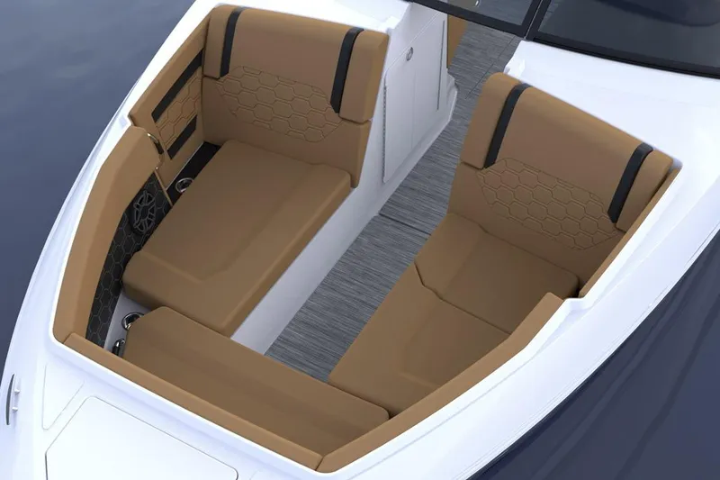 Slide: The Image of 2026 Four Winns H9 OB boat interior with tan seating and modern design. - 6