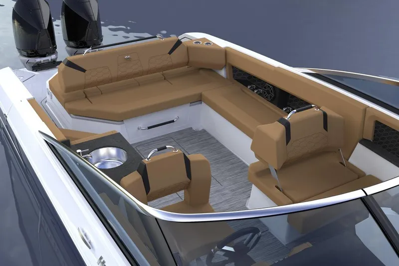Slide: The Image of 2026 Four Winns H9 OB boat interior with tan seating and dual outboard motors. - 7