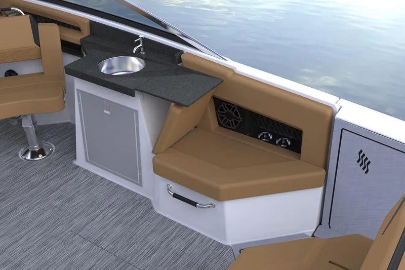 Slide: The Image of 2026 Four Winns H9 OB boat interior with sink, seating, and modern design. - 9