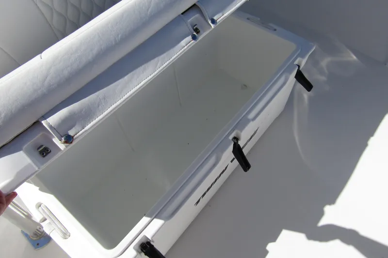 Slide: The Image of Open storage compartment on 2021 Twin Vee 260 CC GF boat, featuring white interior. - 18