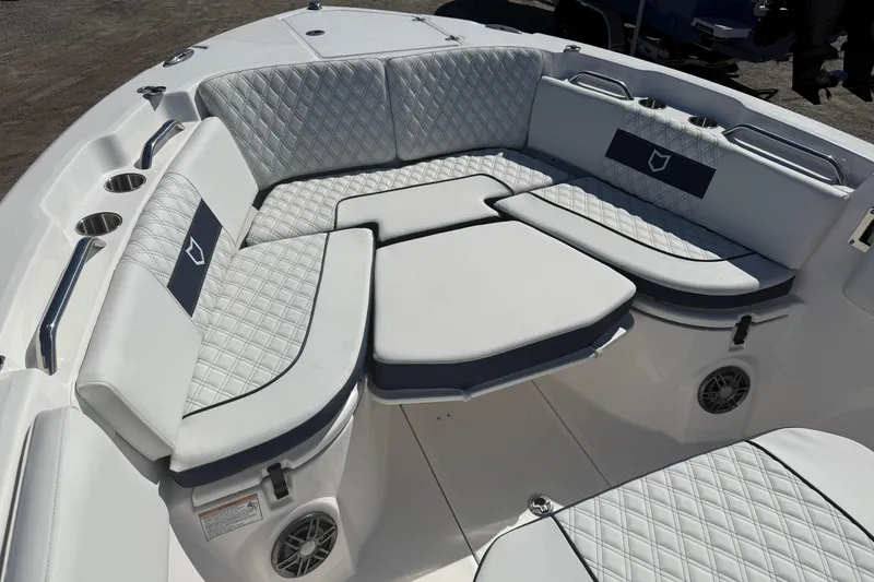 Slide: The Image of Luxurious seating area on 2026 Sea Fox 268 Commander boat, featuring quilted upholstery. - 18