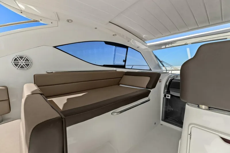 Slide: The Image of Interior of 2017 Galeon 385 HTS yacht with sleek seating and modern design. - 18