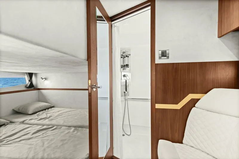 Slide: The Image of Interior of 2017 Galeon 385 HTS yacht with cozy bedroom and modern bathroom. - 44