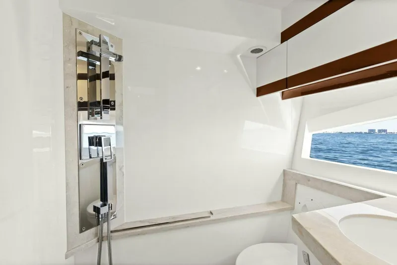 Slide: The Image of Luxurious bathroom interior of 2017 Galeon 385 HTS yacht with ocean view. - 45