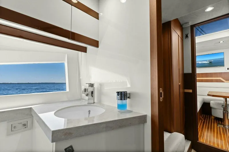Slide: The Image of Luxurious bathroom interior of 2017 Galeon 385 HTS yacht with ocean view. - 46