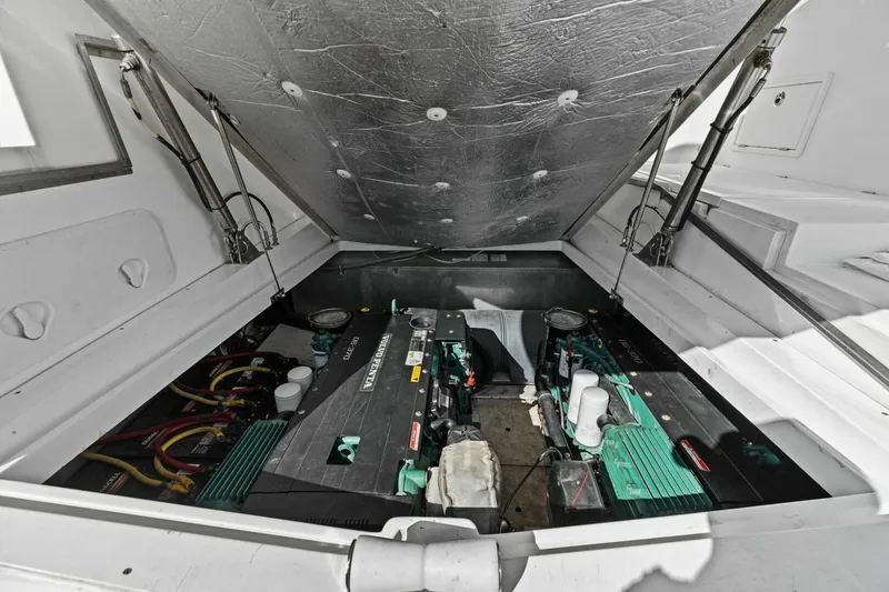 Slide: The Image of Engine compartment of 2017 Galeon 385 HTS yacht, showcasing Volvo Penta engines. - 49