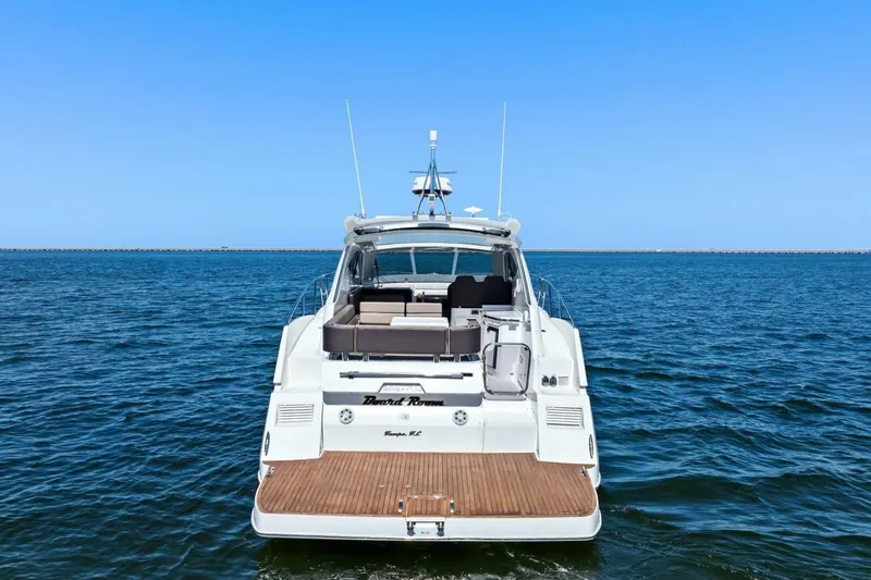Slide: The Image of 2017 Galeon 385 HTS yacht on open water, rear view. - 5