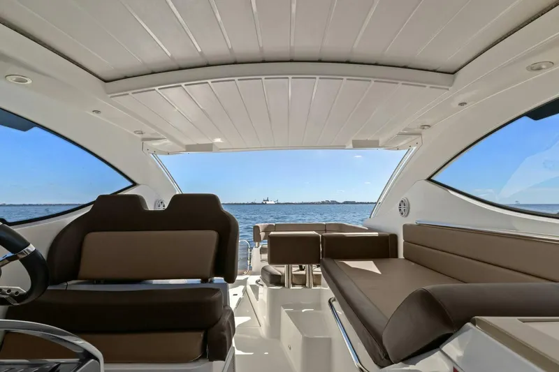 Slide: The Image of Interior view of 2017 Galeon 385 HTS yacht with ocean backdrop. - 58