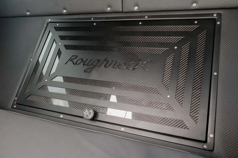 Slide: The Image of 2023 Roughneck 36 T Top boat hatch with sleek black design and logo detailing. - 30
