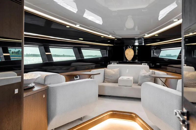 Slide: The Image of Luxurious interior of 2021 Sichterman Libertas 54 yacht with modern seating and elegant design. - 7
