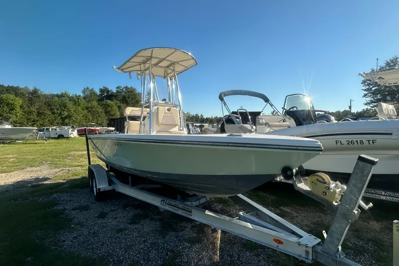 Slide: The Image of Pathfinder 2005 TRS boat on trailer, sunny day, outdoor display, 2023 model. - 2