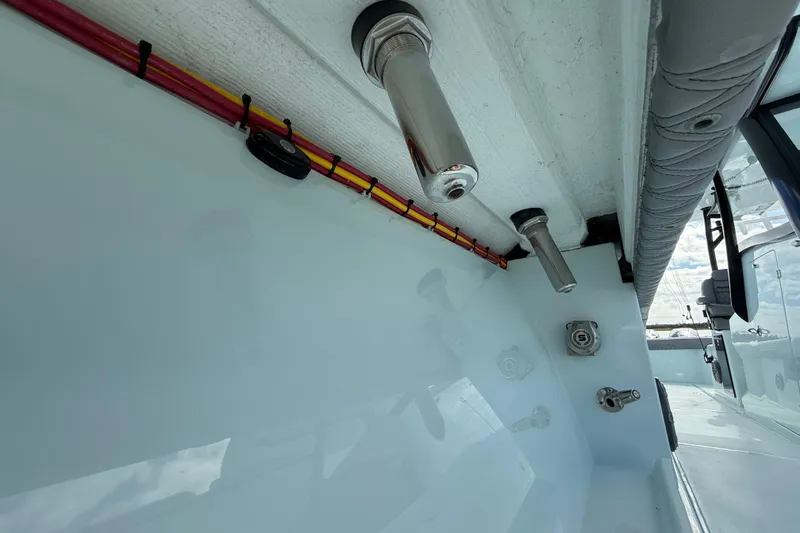 Slide: The Image of 2025 Front Runner 37 Catamaran deck view with stainless steel fittings and wiring. - 56