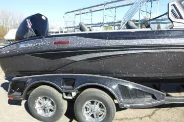 Slide: The Image of 2026 Ranger 2080MS boat on trailer, side view, black finish. - 72