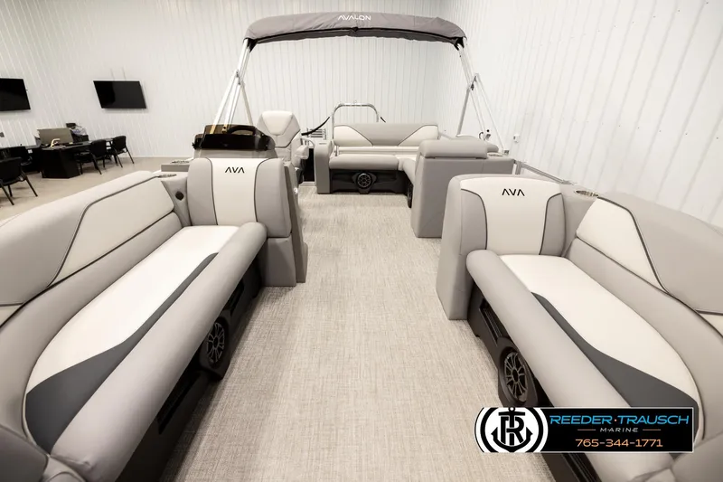 Slide: The Image of 2026 Avalon VEN85 VRB pontoon boat interior with luxurious seating and modern design. - 13