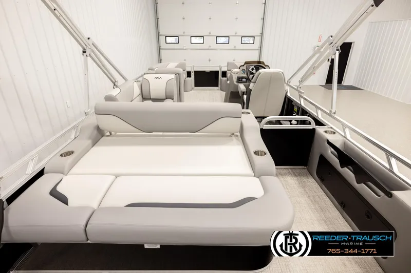 Slide: The Image of 2026 Avalon VEN85 VRB pontoon boat interior with luxurious seating and modern design. - 16