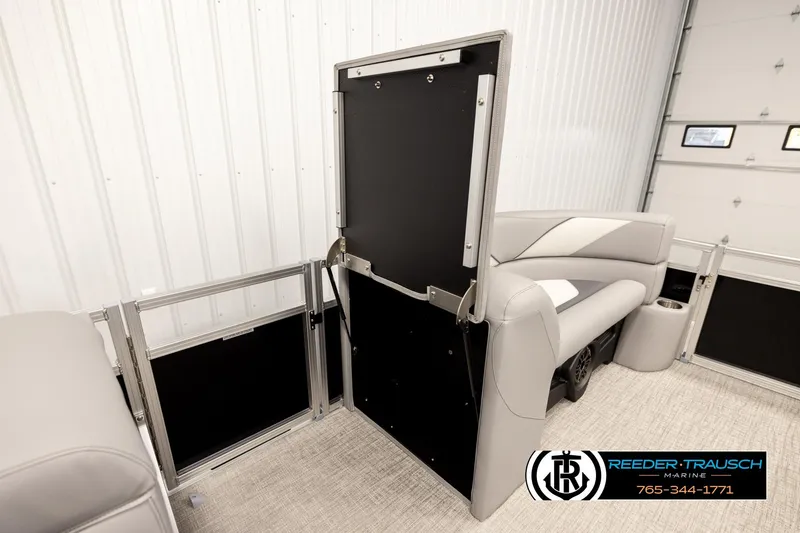 Slide: The Image of 2026 Avalon VEN85 VRB boat interior with sleek seating and modern design elements. - 21