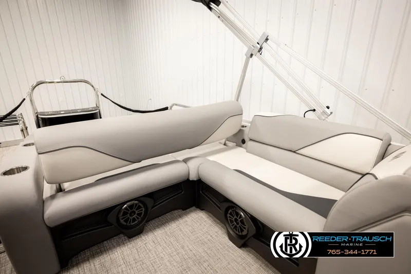 Slide: The Image of 2026 Avalon VEN85 VRB boat interior with sleek seating and modern design. - 22