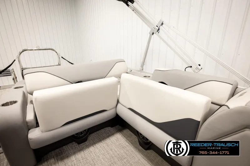 Slide: The Image of 2026 Avalon VEN85 VRB boat interior with modern seating and cup holders. - 24