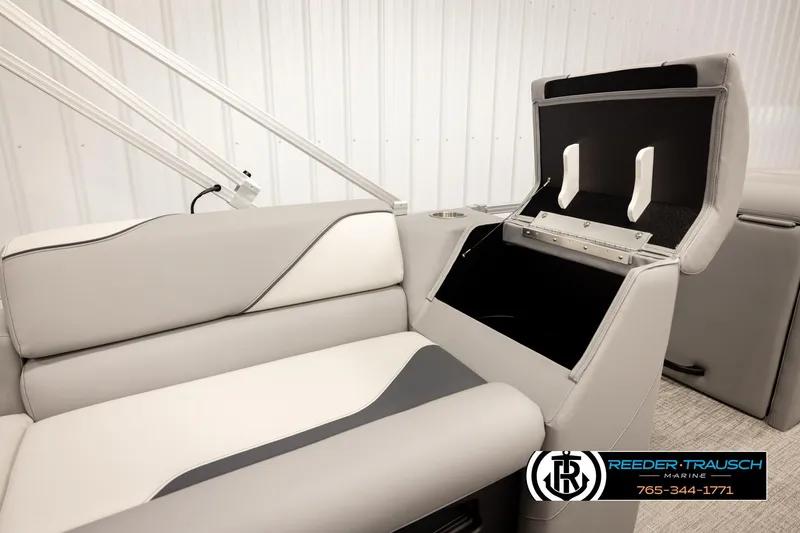 Slide: The Image of 2026 Avalon VEN85 VRB boat interior with open storage compartment and sleek seating design. - 30
