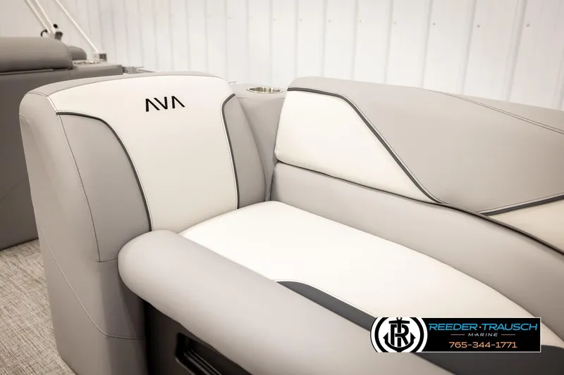 Slide: The Image of 2026 Avalon VEN85 VRB boat seat with elegant gray and white upholstery. - 43