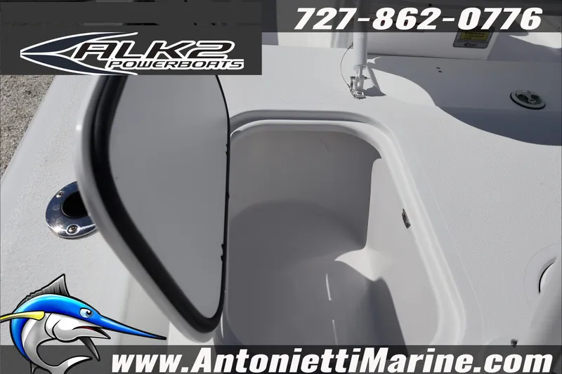 Slide: The Image of 2026 ALK2 Powerboats 17HS storage compartment, featuring open hatch and sleek design. - 10