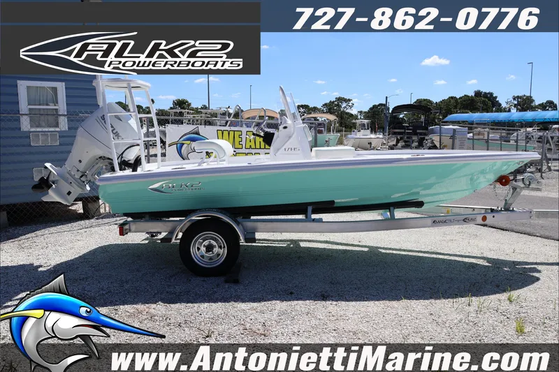 Slide: The Image of 2026 ALK2 Powerboats 17HS on trailer at Antonietti Marine dealership. - 2