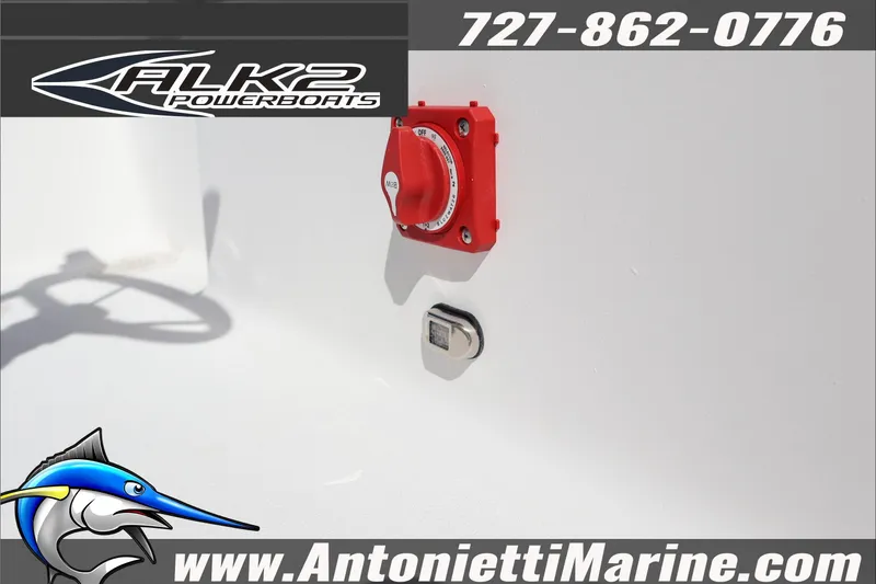 Slide: The Image of 2026 ALK2 Powerboats 17HS featuring a red switch, contact info, and logo. - 9