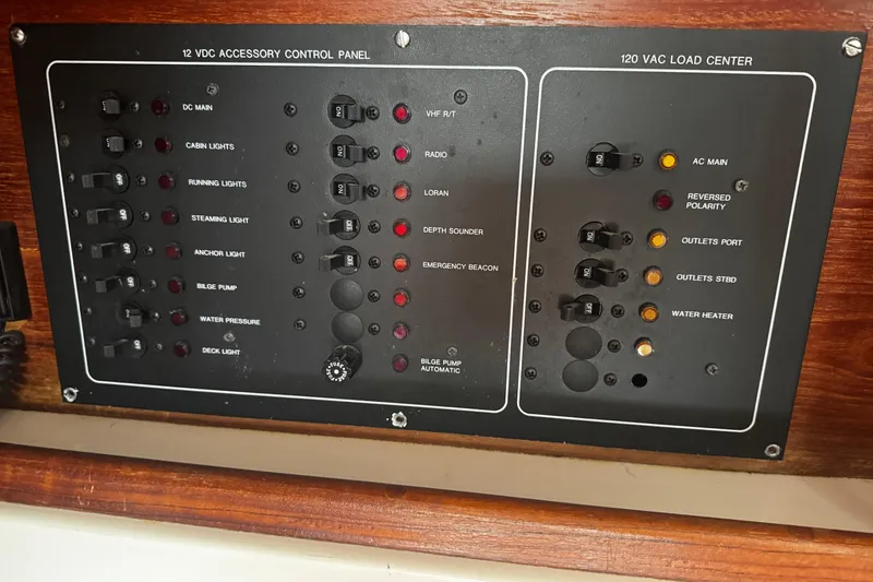 Slide: The Image of Electrical control panel on a 1984 Hunter 37 Cutter sailboat, featuring switches and indicators. - 25