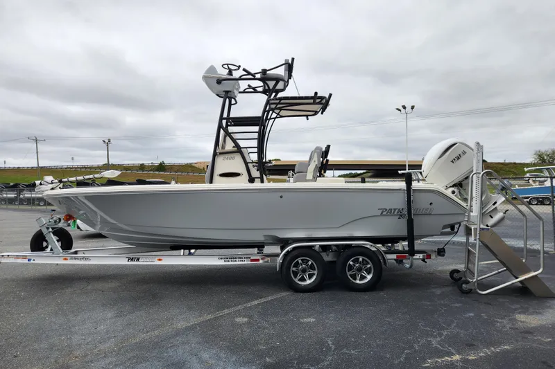 Slide: The Image of 2026 Pathfinder 2400 Open boat on trailer, featuring Yamaha outboard motor. - 5