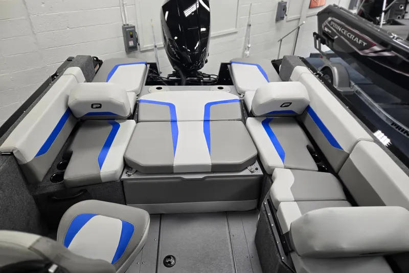 Slide: The Image of 2026 Princecraft Sport 188 boat interior with gray and blue seating arrangement. - 4