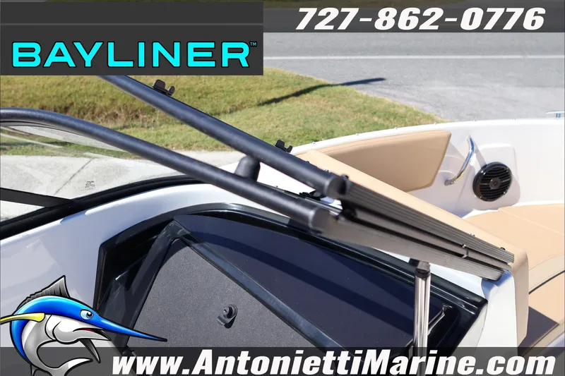 Slide: The Image of 2026 Bayliner V20 boat interior with seating and speaker, Antonietti Marine branding. - 11