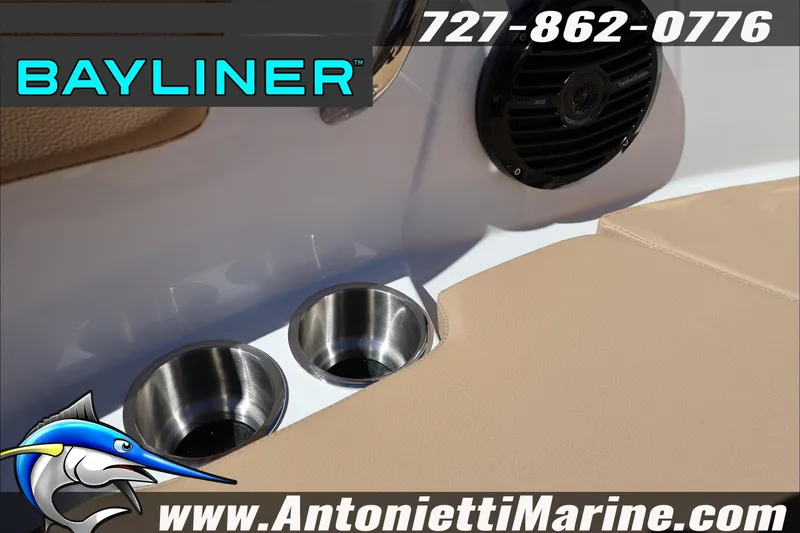 Slide: The Image of Bayliner V20 2026 boat interior with cup holders and speaker, Antonietti Marine branding. - 13