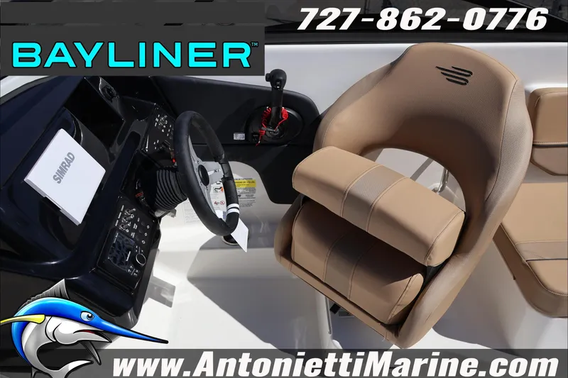 Slide: The Image of 2026 Bayliner V20 boat interior with steering wheel and seat, Antonietti Marine contact details. - 16