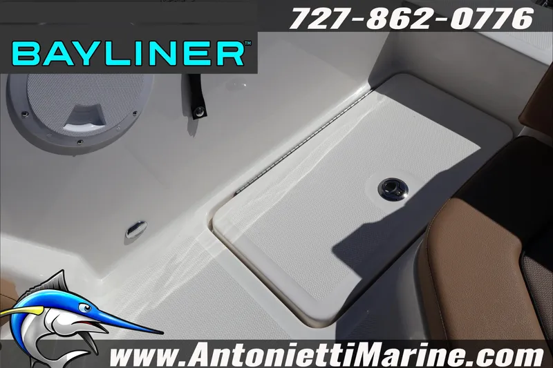 Slide: The Image of Bayliner V20 2026 boat interior with seating and speaker, Antonietti Marine branding. - 26