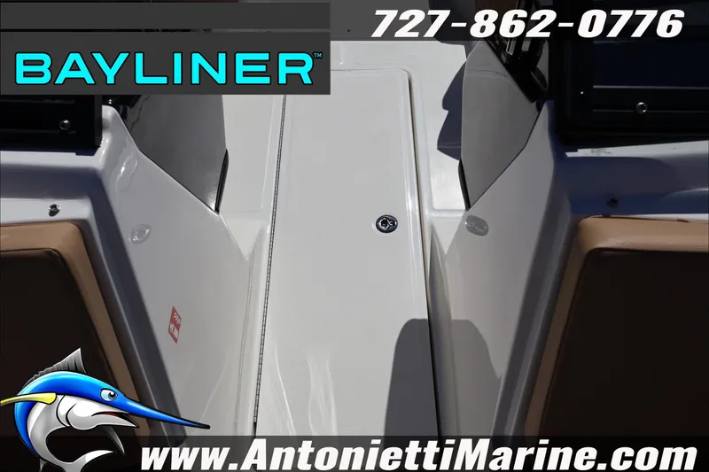 Slide: The Image of 2026 Bayliner V20 boat interior with logo and contact details. - 28