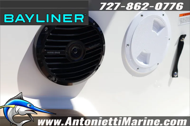 Slide: The Image of Bayliner V20 2026 boat speakers with contact information and logo. - 30