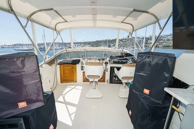 Slide: The Image of 1979 Hatteras 58 Motor Yacht helm with panoramic marina view, featuring JBL speakers. - 20