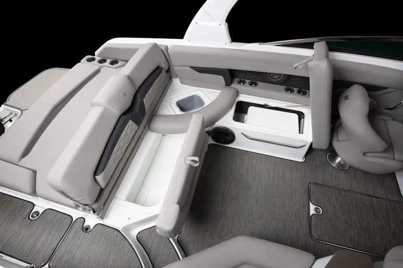 Slide: The Image of 2026 Four Winns HD8 OB boat interior with gray seating and storage compartments. - 20