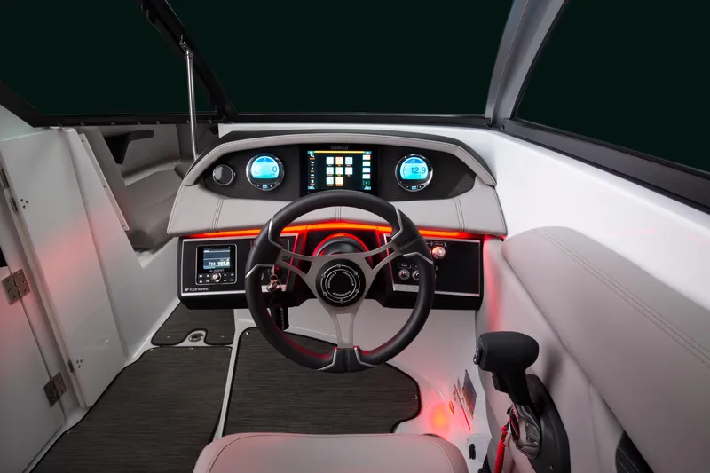 Slide: The Image of 2026 Four Winns HD8 OB boat cockpit with modern dashboard and steering wheel. - 27