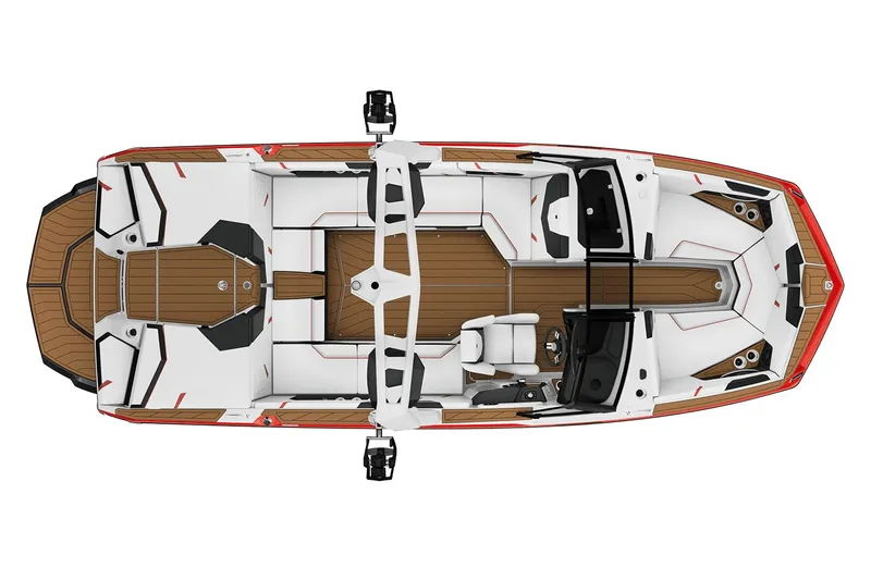 Slide: The Image of Manufacturer Provided Image: 2024 Nautique Super Air Nautique GS22 boat interior, top view, white and brown seating, red accents. - 19