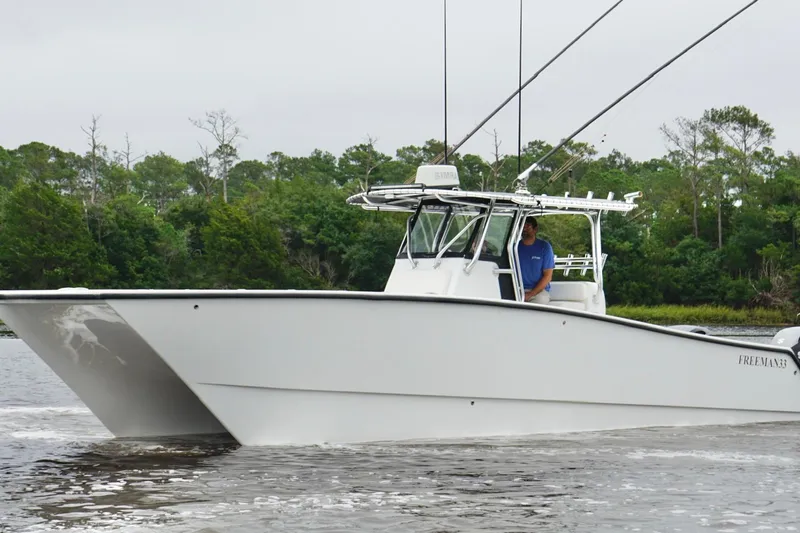 Slide: The Image of Freeman 33 boat cruising on water, 2013 model, with lush green trees in the background. - 1
