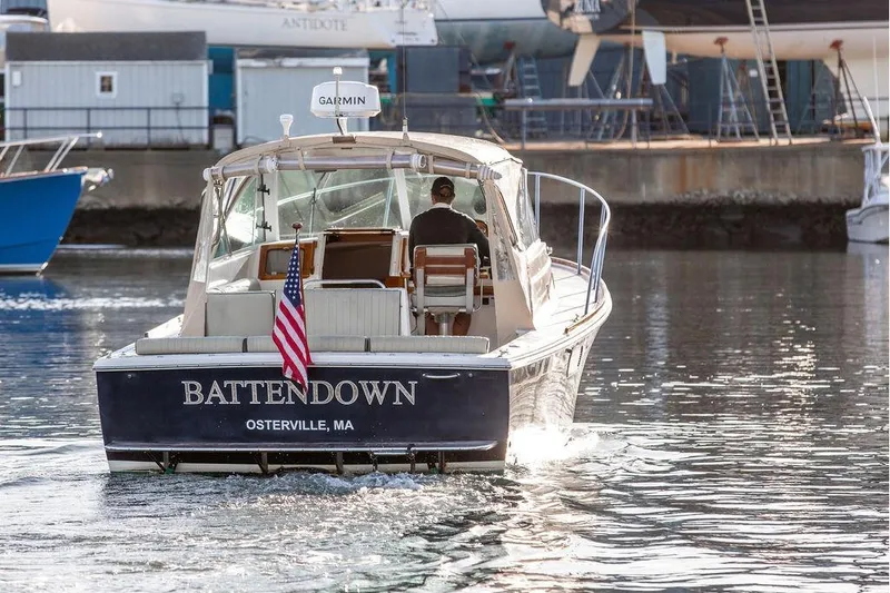 Slide: The Image of 2007 Hunt Surfhunter 29 boat "BATTENDOWN" in marina, Osterville, MA. - 13