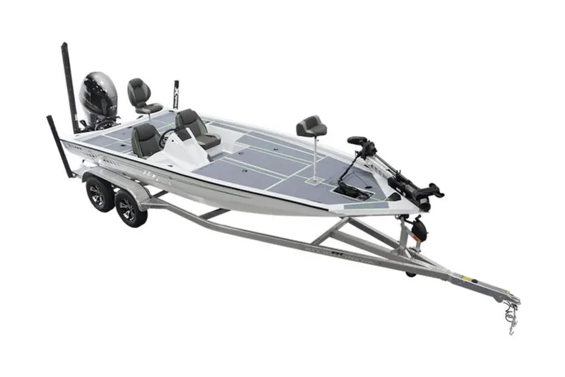 Slide: The Image of 2026 Xpress H20B Bay boat on trailer, featuring dual seats and modern design. - 4