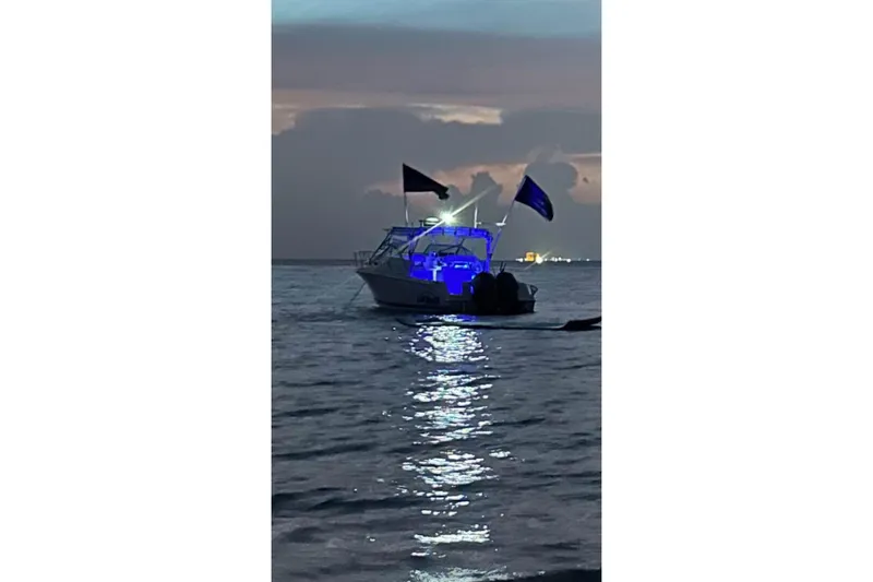 Slide: The Image of Wellcraft 290 Coastal 2000 boat illuminated at dusk on calm waters. - 5