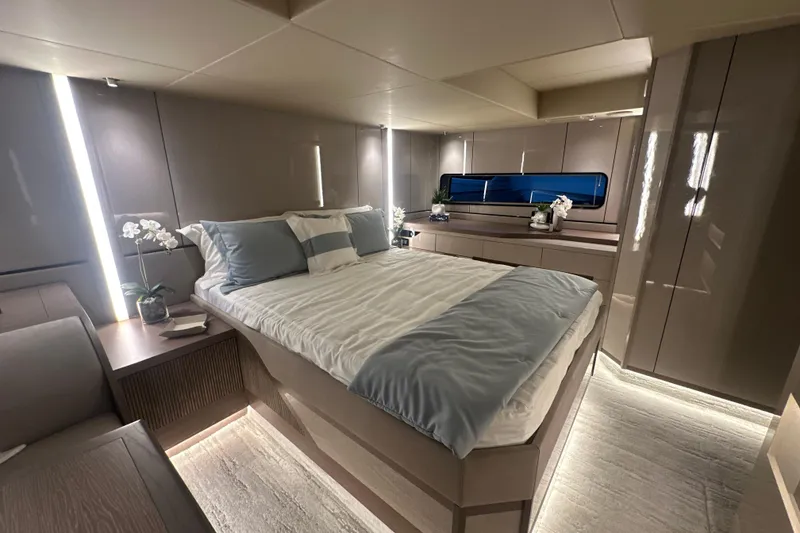 Slide: The Image of Luxurious bedroom interior of 2026 Cruisers Yachts 57 Fly, featuring modern design and elegant decor. - 37