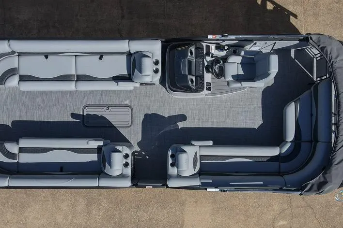 Slide: The Image of 2026 JC 25 Neptoon LG pontoon boat, aerial view, spacious seating, modern design. - 2